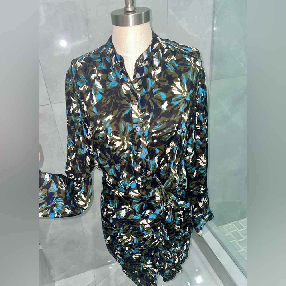 Veronica Beard Silk Black, Green and Blue Long Sleeve Button Down Dress